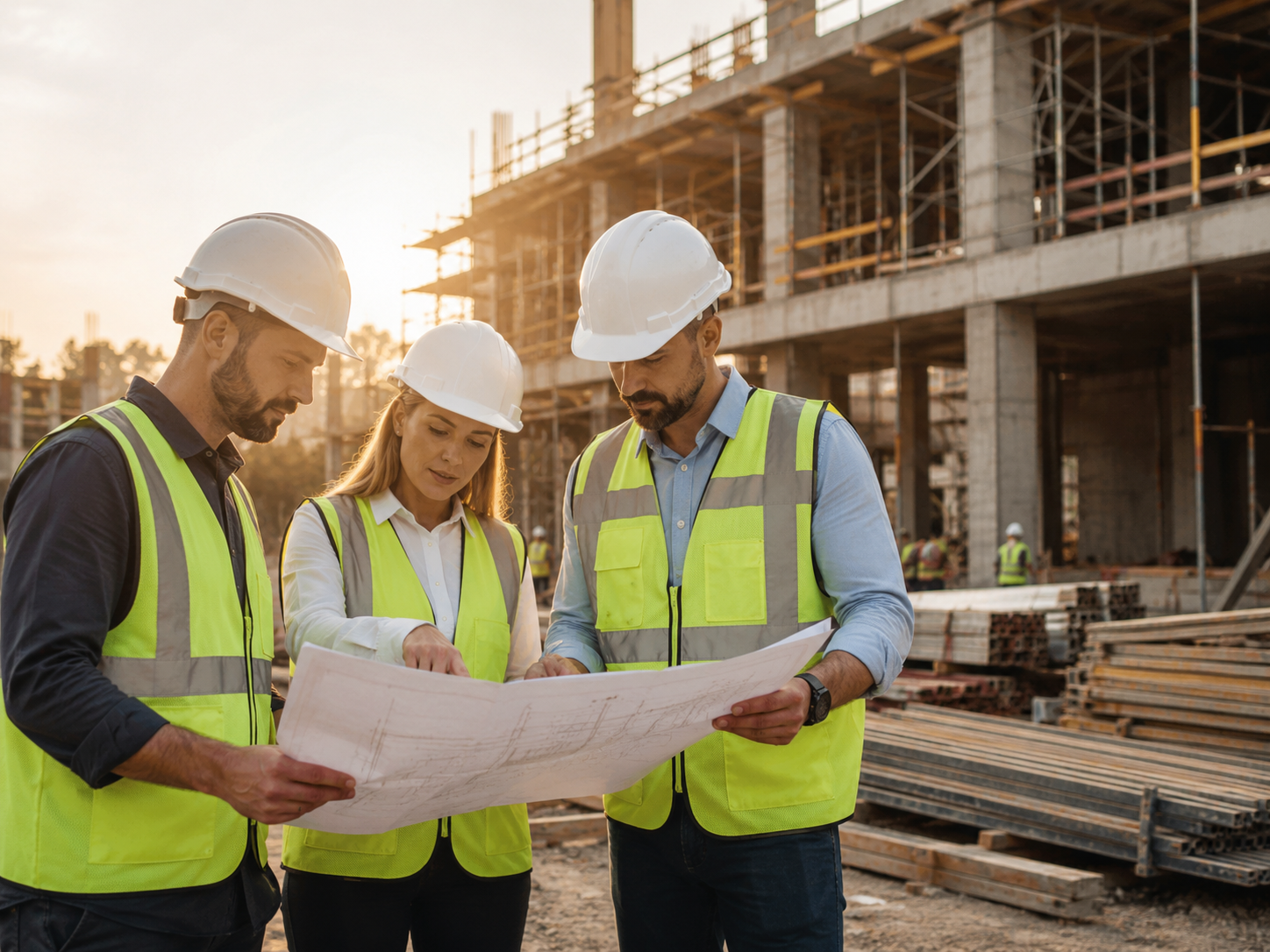Construction team reviewing site operations
